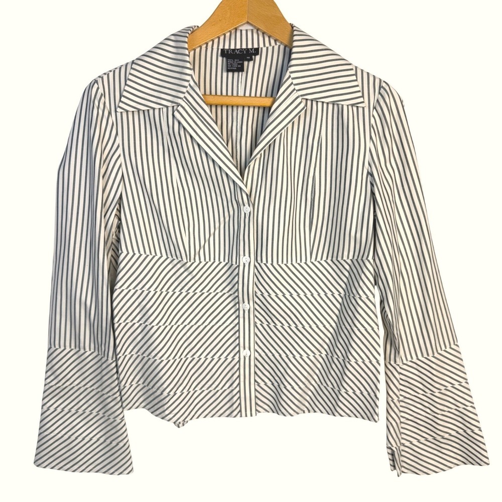 Tracy M. 100% Silk Striped Button Down Shirt Long Sleeve Blouse Cream Dark Gray
